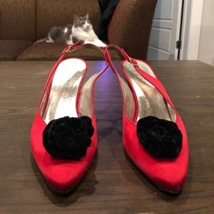 Red satin Bruno Magli heels w/velvet rose